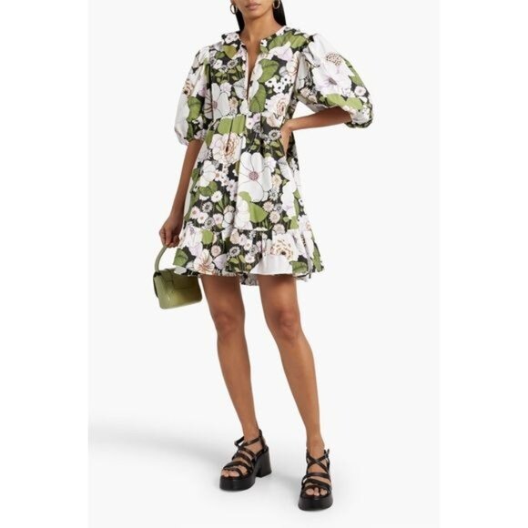 Maje Rafleur Puff Sleeve Floral Poplin Mini Dress 34 Neutral XS Ruffle Vneck - Picture 2 of 16